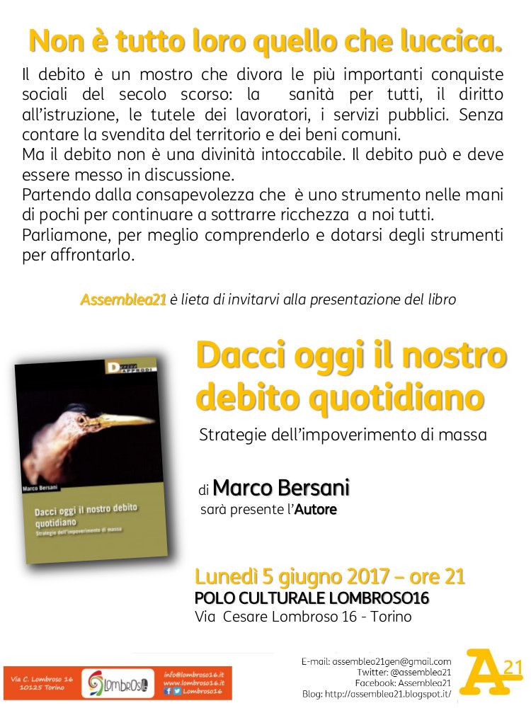 Torino 5 giugno ore 21 al Lombroso16 ::: Marco Bersani - Dacci oggi il nostro debito quotidiano